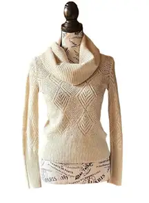 LUCKY BRAND Womens PAULA Pointelle Cowl Neck Sweater Beige Size S Boho Open Knit