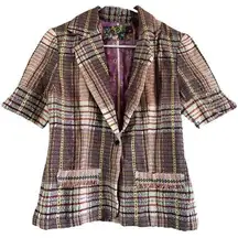 Robert Graham Short Sleeve Plaid Blazer Single Button Floral Lined Tan 10 NWOT