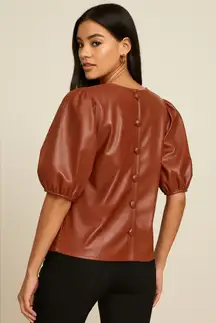 Faux Leather Puff Sleeve Top Shirt Tee- Rust Brown, Size Medium