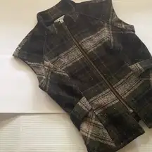 ‘All Tied Up’ textured brown wool blend plaid zipper vest, size medium