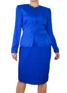 1990s Adrianna Papell Cobalt Blue Satin Two Piece Vintage Skirt Suit Set Large