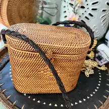 Woven Wicker Camera Bag with Braided Crossbody Strap