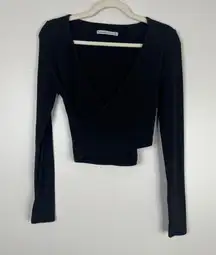 Abercrombie & Fitch Ribbed Knit Criss Cross Surplice Front Cropped Long Sleeve