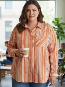 Wrangler Orange Stripe Geometric Print Button Down Shirt Top Womens XXL