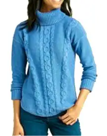 LL Bean Womens L‎ Petite Sweater Dusty Blue Essential Cable Knit Turtleneck Cozy