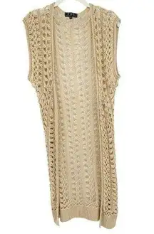 POL  Womens Boho Crochet Knit Open Front Longline Cardigan Sweater Size M Tan