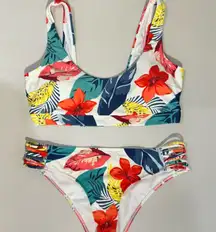 Hollister Bundle Swim Set Tropical Floral Bikini Size XL Bralette Pullover Beach