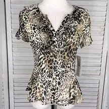 SUNNY LEIGH "Summer Wind" Sheer Animal Print Blouse Ruffled Neckline-PM