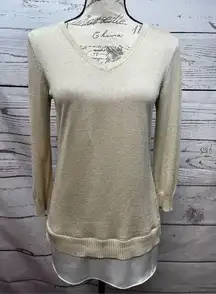 Calvin Klein  XS sparkly pullover tan sweater with white underlay blouse material