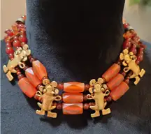 Women's Carnelian Beaded Necklace With Brass Frog Charms And S Hook Clasp