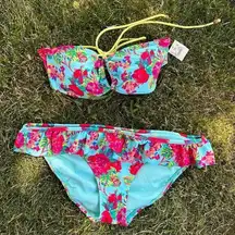 American Eagle Floral Bikini NEW Bandeau Top M Cheeky Ruffle Bottoms L Blue Pink