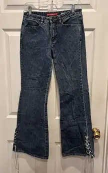 Vintage Unionbay Jeans Blue‎ Flare Low Rise Lace Up Tie Hems Y2K Size 5 Grunge