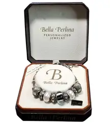 New Bella Perlina Slide Charm Bracelet Silver Tone Faux Pearl Black Beads