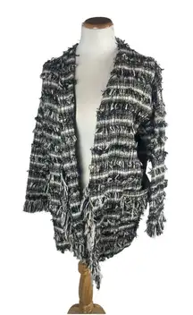 Zara Tweed Open Front Fringe Navy Blazer Jacket‎ S Oversized