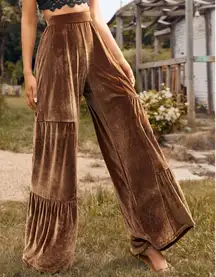 Womens Brown Velvet Tiered High Rise Wide Leg Pants sz medium waist 28.3"