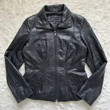 Jacket Genuine Leather Full Zip Up Collared Vintage Black S