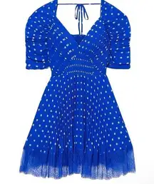 Self Portrait Blue Pleated Chiffon Polka Dot Dress size 6