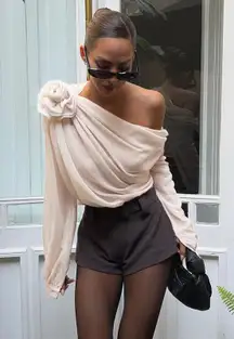 Commense Chiffon Semi Sheer One Shoulder Chiffon Elegant Asymmetrical Blouse L