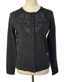 Cynthia Rowley Merino Wool Cardigan‎ Gray Beaded Embellished Sweater Women Small