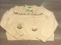 Tan Wool-Cashmere Sweater with Pom Pom Ties & Ruffled Collar Sz L