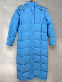 LL Bean Women Goose Down Quilt Long Trench Coat 227262 Parka Blue Sz XS Petite