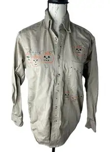VTG Jerzees Hallowen Button Down S Women Khaki Shirt With‎ Pumpkins All Over