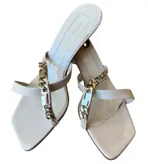 Sergio Rossi Monogram Chain Strap Mule Sandals Kitten Heel, Size 37.5 EU, EUC