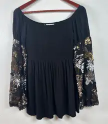 Boston Proper Small Black Off Shoulder Smocked Bell Sleeve Sequin Top