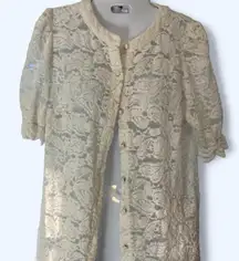 White lace button-up blouse short-sleeve with puffy sleeves S