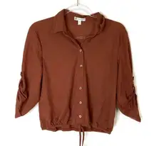 Roommates | Rust Button Front Cropped Shirt w/ Elastic Hem