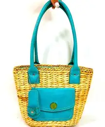 Caribbean Joe Straw Wicker Bag with Turquoise Leather Accents