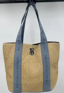 Victoria's Secret Straw Beach Tote Bag Large Weekender Travel Logo‎ Blue Beige
