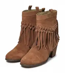 Sbicca Leather Fringe Western Booties Tan Suede Lined Pull-On Boot Size 7.5