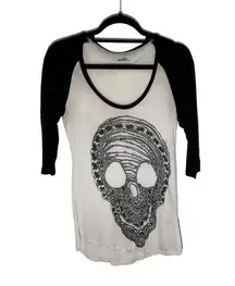 Lauren Moshi Laruen Moshi Womens Size XS Skull Raglan T Shirt Top White Black TINY FLAW