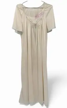 Vintage 80s Nightgown Cream Satin Quilted Embroidered Flowers Made in the USA