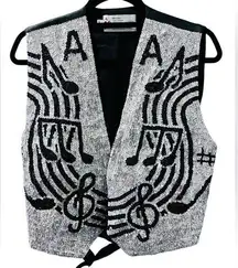 JC USA Vintage 80's Sequin Musical Notes Silver Black Vest Color Block Bling