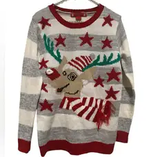 UGH-LEE SWEATER STARS GREY WHITE BLOCK STRIPE CREW NECK FRINGED SCARF REINDEER