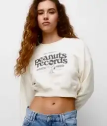 Pull&Bear Peanuts Records Collab Cropped Crew Neck Sweater Cream Rare Size XS