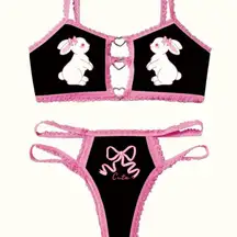 Black Pink Bunny Lingerie Set Cute Bow Heart Cutout Bralette & Panty NWT