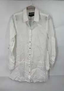 Tahari 100% Linen Button Front Tunic‎ Women Medium White Long Sleeve Minimalist
