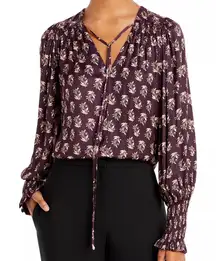 Rebecca Taylor Zia Fleur Printed Tie Top Size Large Maroon Floral V Neck Long Sl