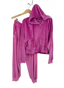 Victoria Secret 2pc Pink Velour On Point Track Set Joggers Cropped Hoodie XL/ LG