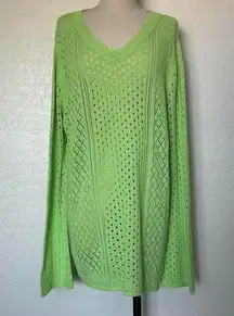 Lime Green V-neck sweater with long sleeves, featuring a knit pattern