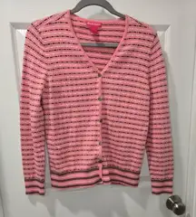 Alexandra Bartlett Pink Black White‎ Dot Dash Stripe 2 pc Sweater Set SZ-M