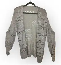 Beige Gray Open Knit Coastal Grandma Cardigan M Boho Longline Sweater