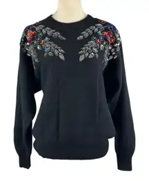 Vintage 90s Embellished Sweater Angora Lambswool Sequin Floral Black Women Large