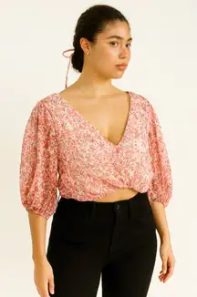 Lush Floral Pink Twist Front Deep V-Cut Top.   Size-Small