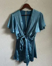 Blue satin wrap romper with tie detail   