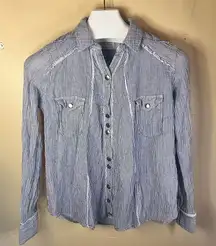 Free People Women's Striped Snap Close Blouse Denim Blue Long Sleeve‎ Size Small