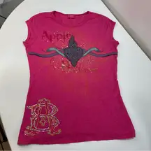Y2k Apple Bottom Jeans Women L Top Pink Snakes Wings Rhinestones All Over Print